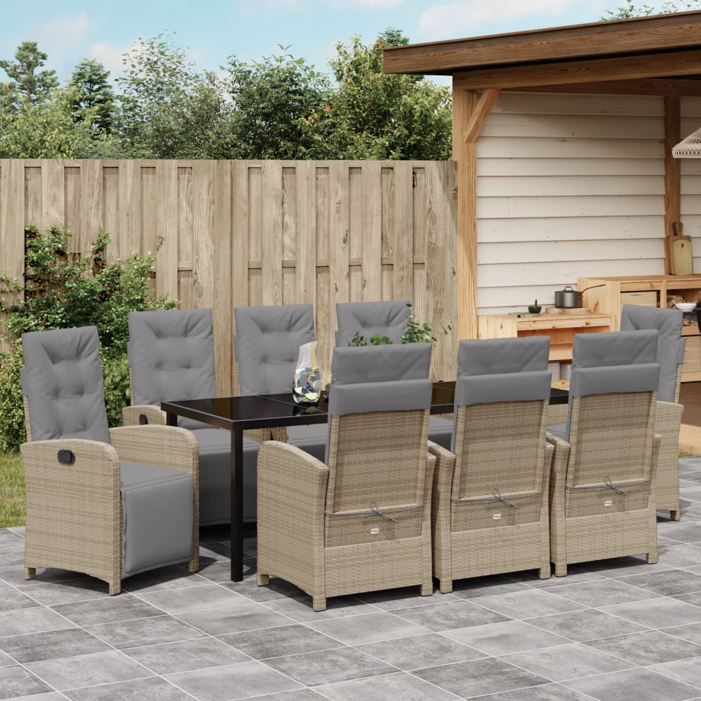 Set da Pranzo da Giardino  9 Pezzi con Cuscini Beige Polyrattan