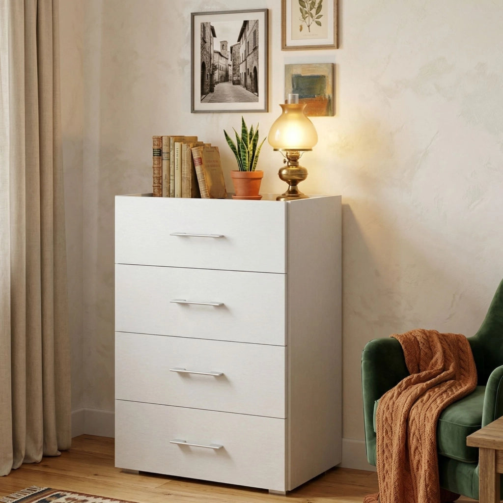 Cassettiera Avim, Settimanale a 4 cassetti per camera da letto, Mobiletto multiuso da ufficio o studio, Cm 50x41h87, Bianco e Cemento