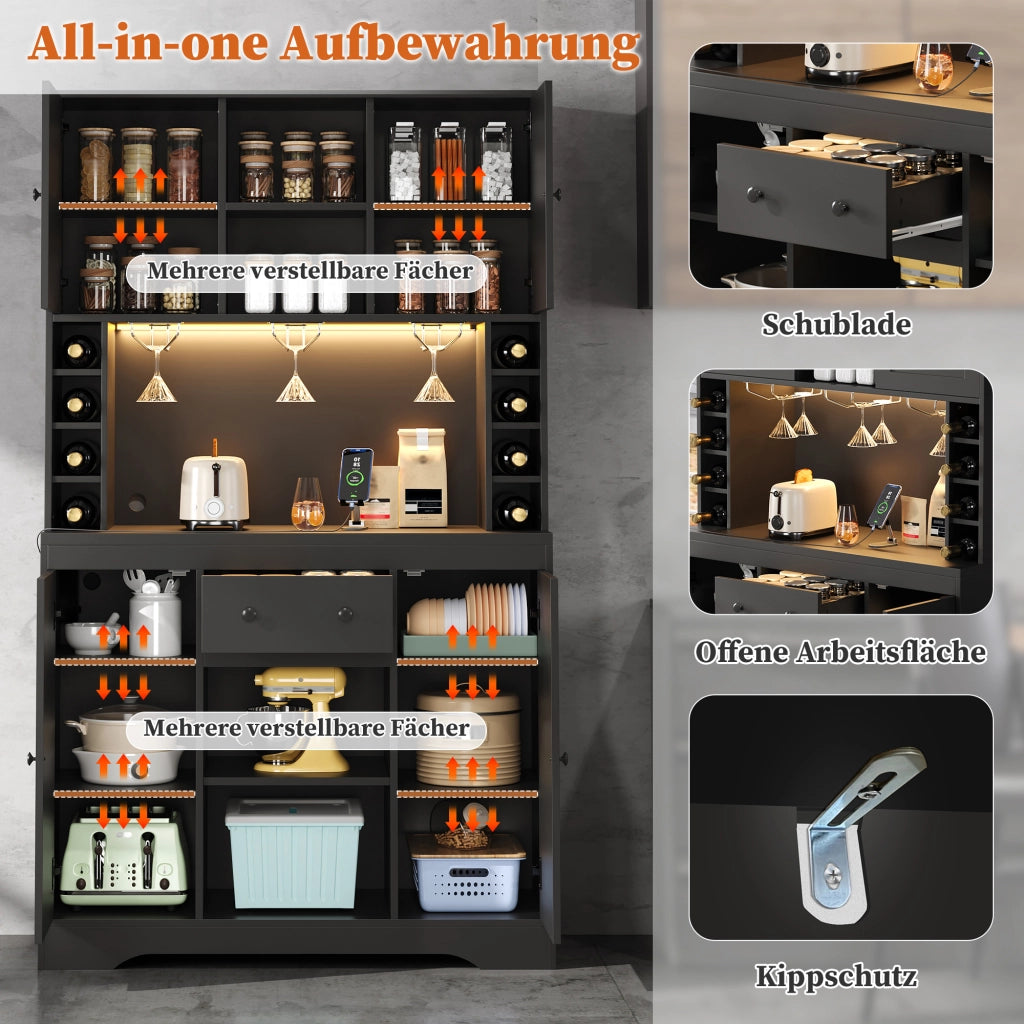 Credenza con ripiani regolabili; cassetto e LED - per cucina - in MDF - 105×40×180 cm - nera