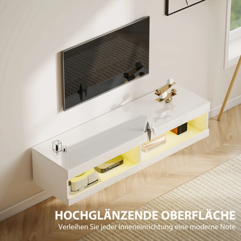 Mobile porta TV sospeso con LED RGB e 2 vani aperti per soggiorno in legno bianco lucido 140 × 40 × 30 cm