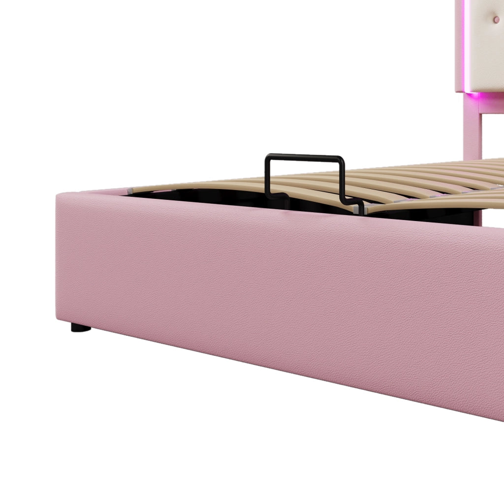 OKWISH Letto Contenitore 140×200 cm, Letto Matrimoniale con LED Regolabile e Contenitore Idraulico, senza Materasso, in PU, Rosa