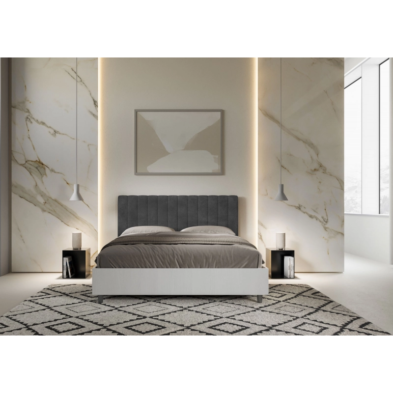 Letto Matrimoniale 160x190 cm struttura bianco frassino testata Kaia - Con rete,Microfibra,Grigio