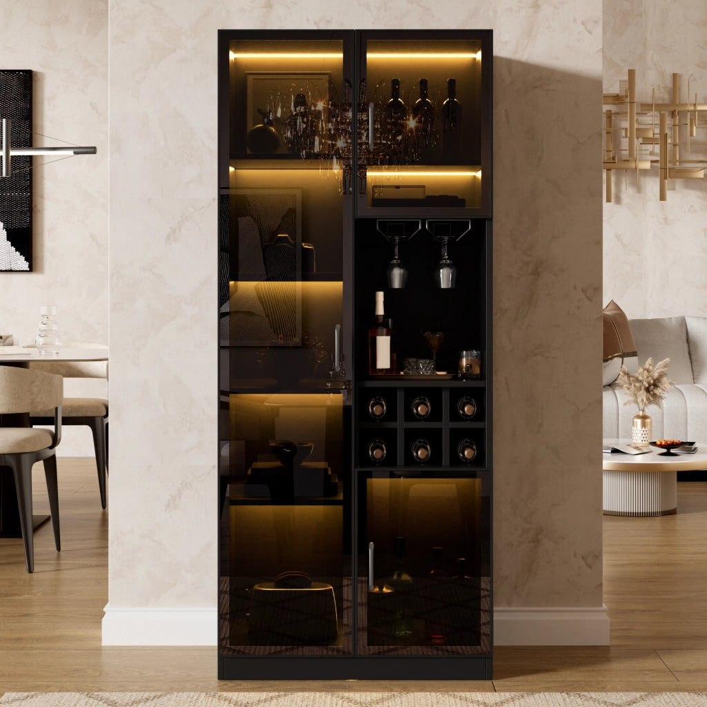 Vetrina con LED App; Portabottiglie e Ripiani - per Soggiorno - 60×36×160 cm - Nero