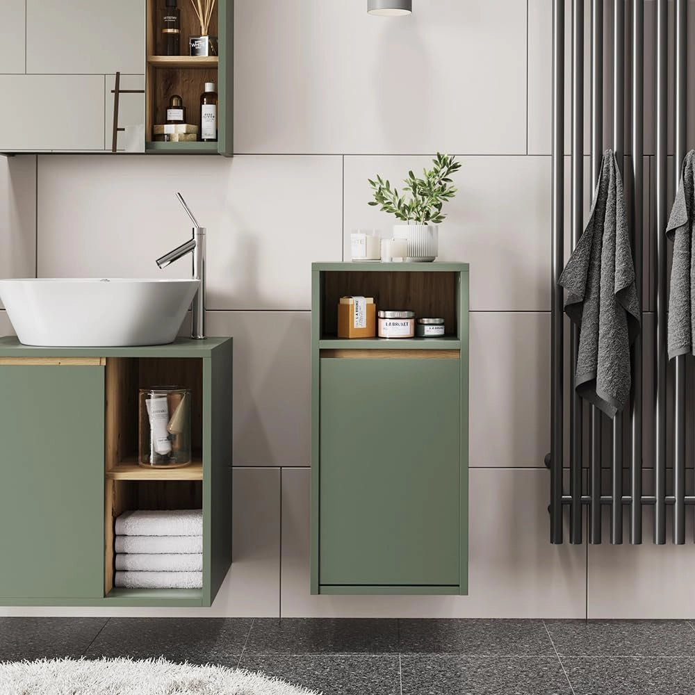 Mobiletto da bagno Viola, Verde/Artigianale, 38 x 80 cm con cesto portabiancheria