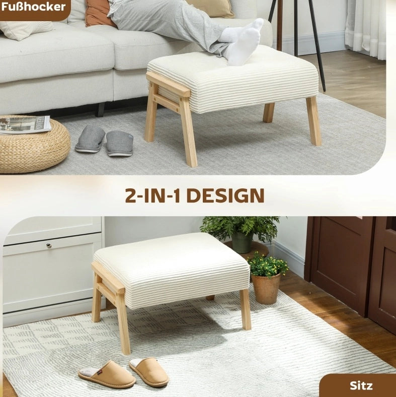 Pouf imbottito crema effetto velluto a coste con gambe in legno