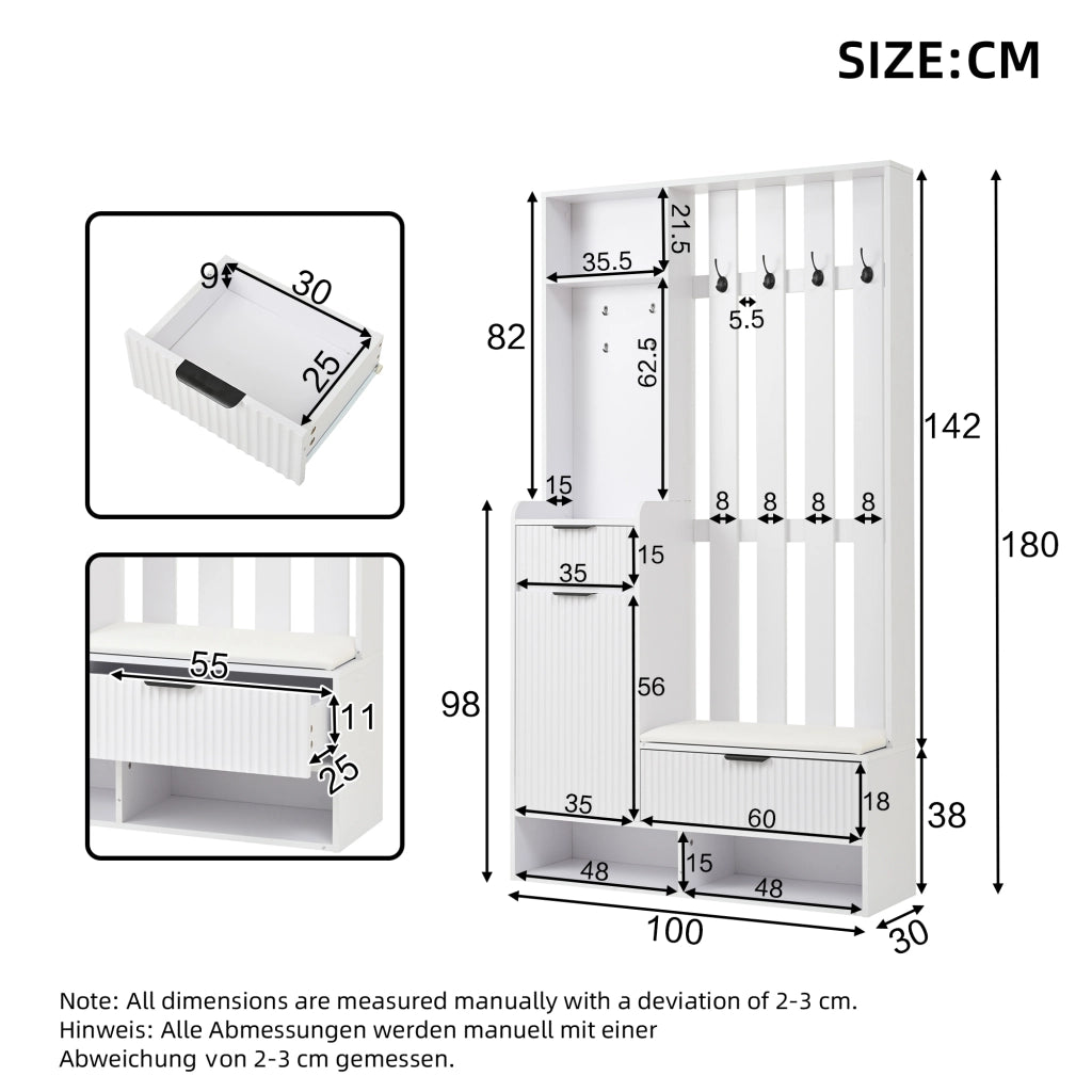 Mobile da Ingresso con 8 Ganci; 2 Cassetti; 1 Armadio; 4 Vani Aperti e Panchina per Scarpe; in Truciolare; 100 × 30 × 180 cm; Bianco