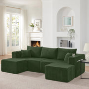 Divano angolare modulare 3 posti con pouf mobili portabicchieri tasche laterali e cuscini in velluto a coste verde