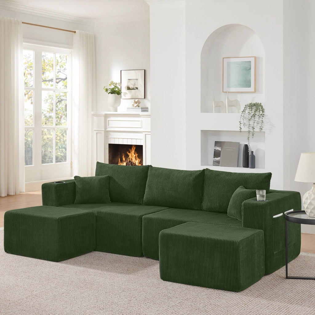 Divano angolare modulare 3 posti con pouf mobili portabicchieri tasche laterali e cuscini in velluto a coste verde