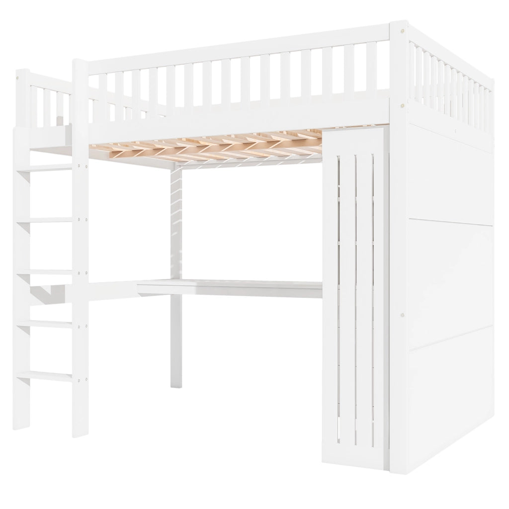 OKWISH Letto a soppalco 140×200 cm, Letto Matrimoniale con Scrivania, Armadio, 3 Cassetti, Vano a Vista e Scala, senza Materasso, Bianco
