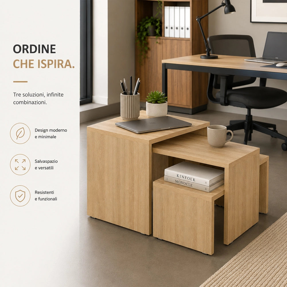 Set 3 Pezzi Tavolini Caffe Rettangolare a Incastro in Legno MDF Quercia