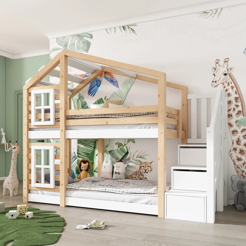 Letto a castello per bambini - Xylo - 90x200 - Bianco-marrone - Con protezione