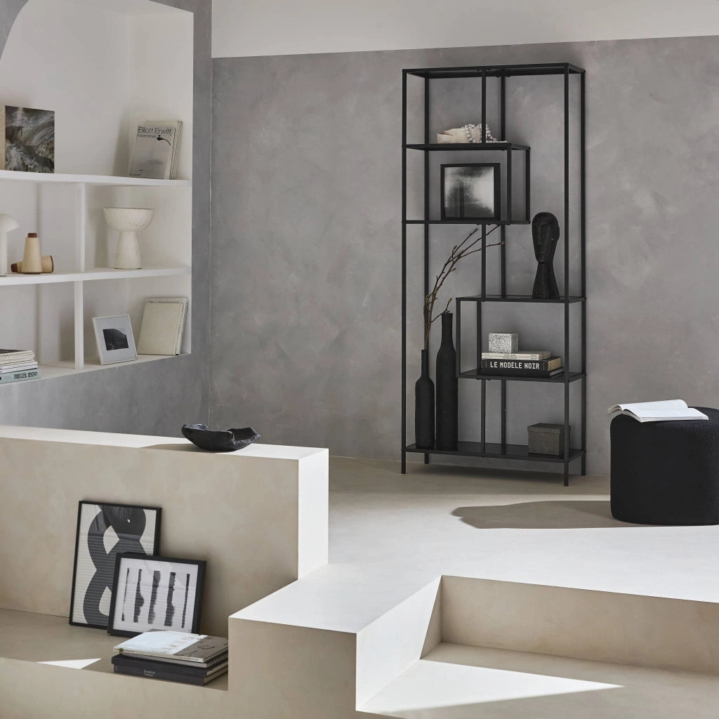 Libreria asimmetrica in metallo nero a 6 livelli, nero