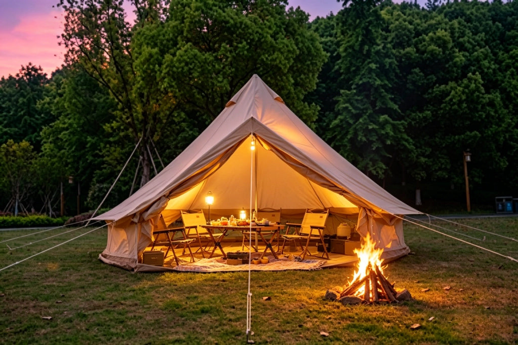 Tenda A Campana Per Campeggio Familiare Beige 300 X 300 X 200 Cm In Poliestere Per 3-4 Persone Con Bocchetta Per Stufa