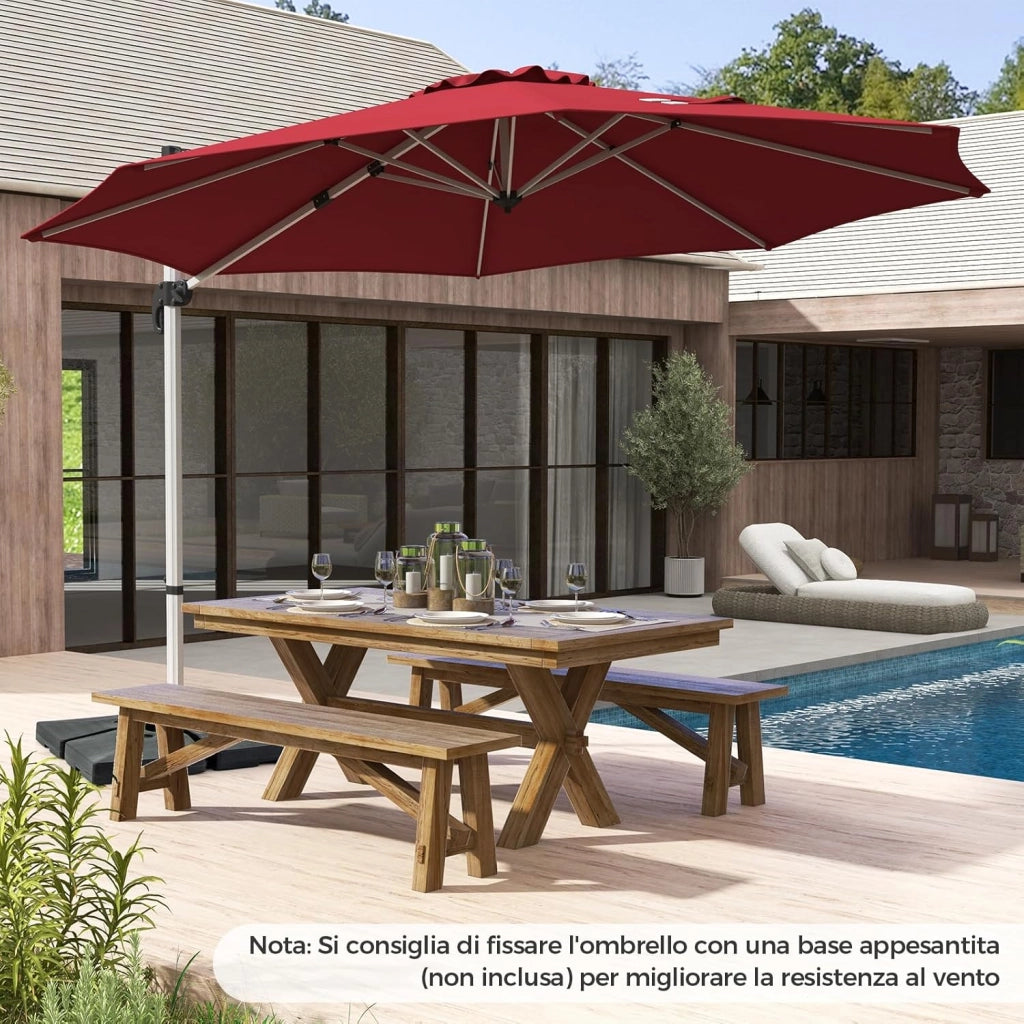 Ombrellone da Giardino 339 cm, Ombrello da Giardino Rotondo con Rotazione a 360°, Ombrellone da Giardino Inclinabile con Base, Ombrello da Sole per Giardino, Patio (Rosso)