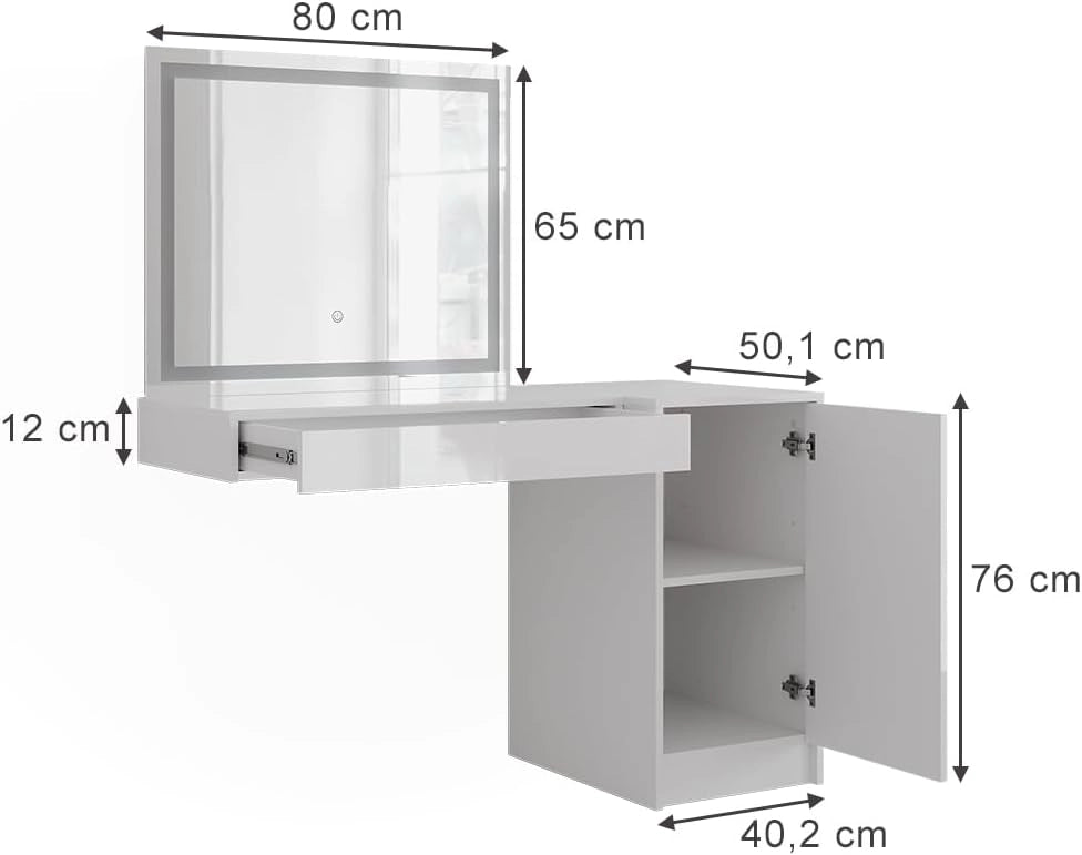 Tavolo da toeletta Sherry, Bianco/bianco lucido, 120 cm 3 parti, con illuminazione LED e grande specchio per la cura quotidiana