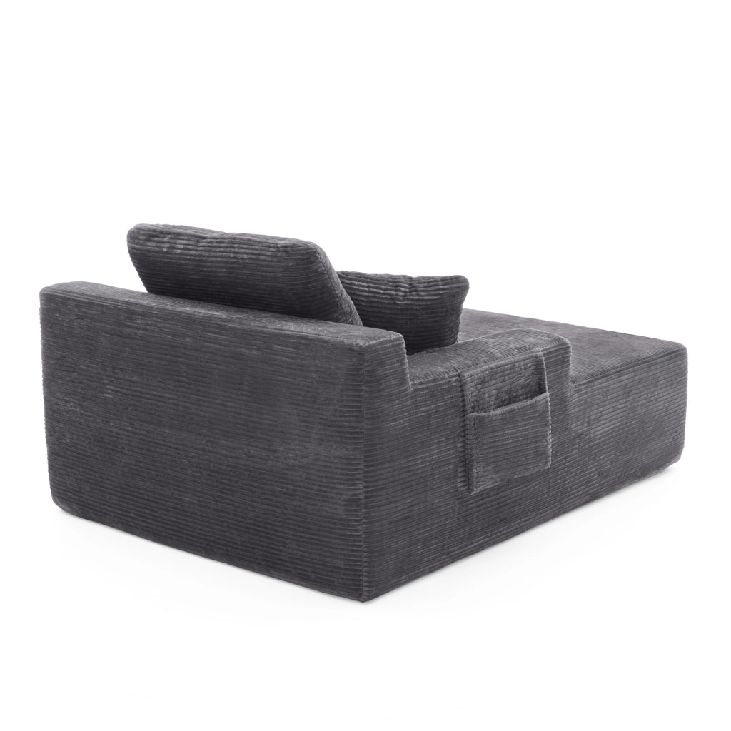 Divano letto compatto con tasche laterali e cuscini in corduroy grigio scuro