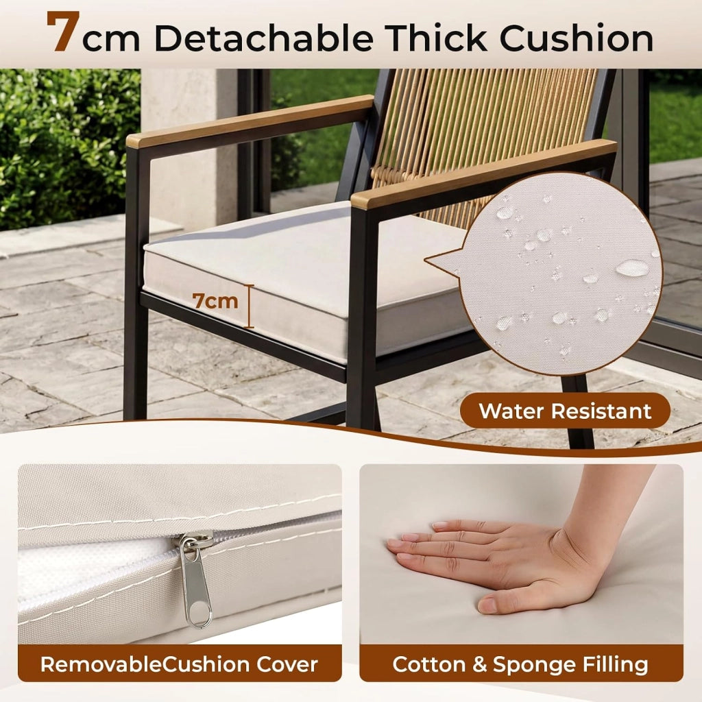 Set di mobili da giardino in rattan, 3 pezzi, 2 sedie da giardino in rattan con tavolo, fino a 160 kg, resistente alle intemperie, braccioli in WPC, set di mobili da terrazza, giardino