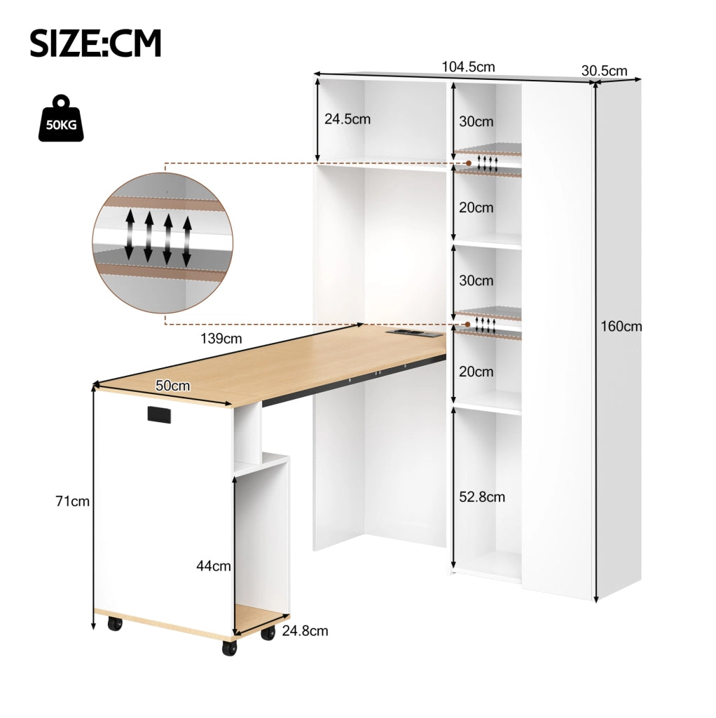 Scrivania pieghevole 2 in 1 con libreria; presa EU e USB; 104;5x30;5x160 cm; bianco rovere