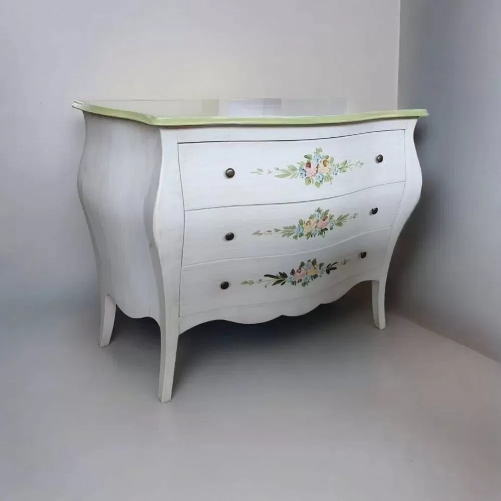 Cassettiera 3 cassetti legno shabby bianco anticato decori filo verde 118x50x85 - Mobili 2G