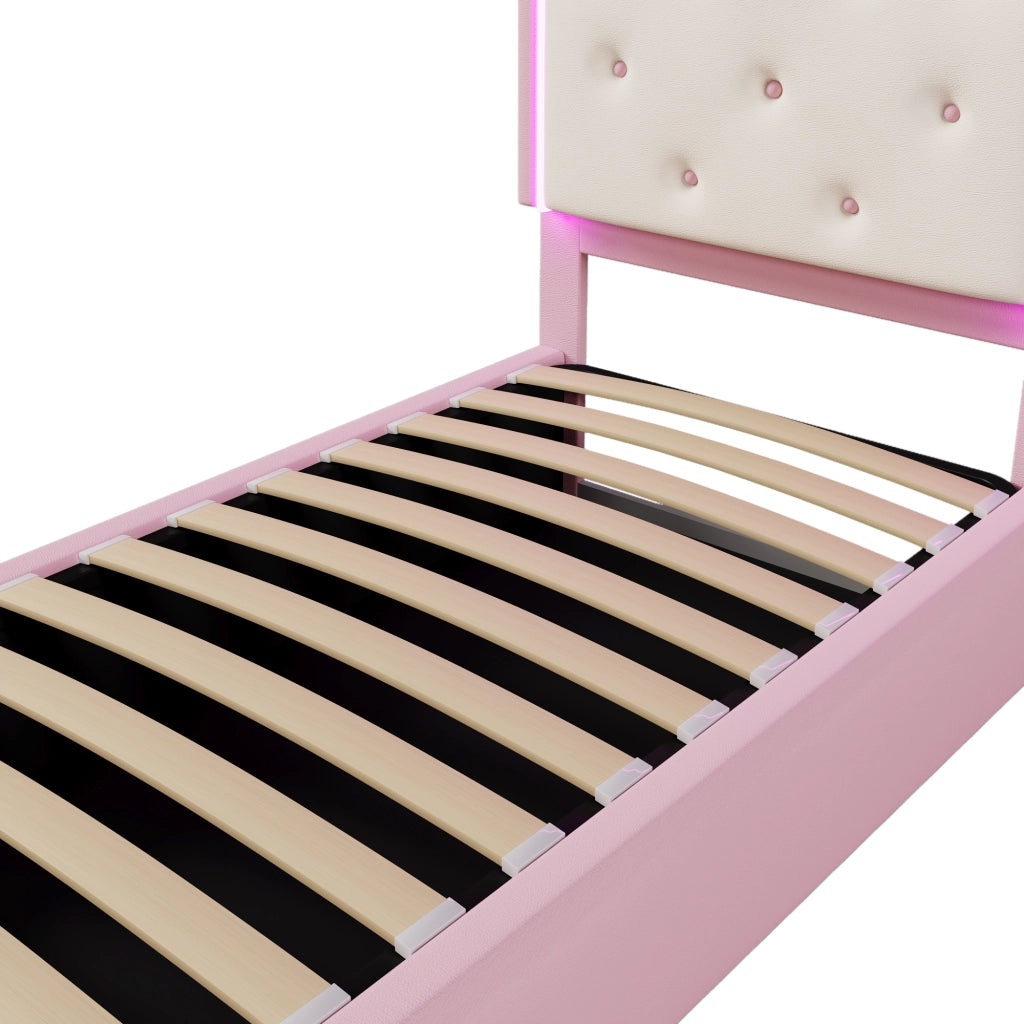 DESMIU Letto bambino 90 × 200 cm con LED, vano idraulico, senza materasso, in PU, rosa