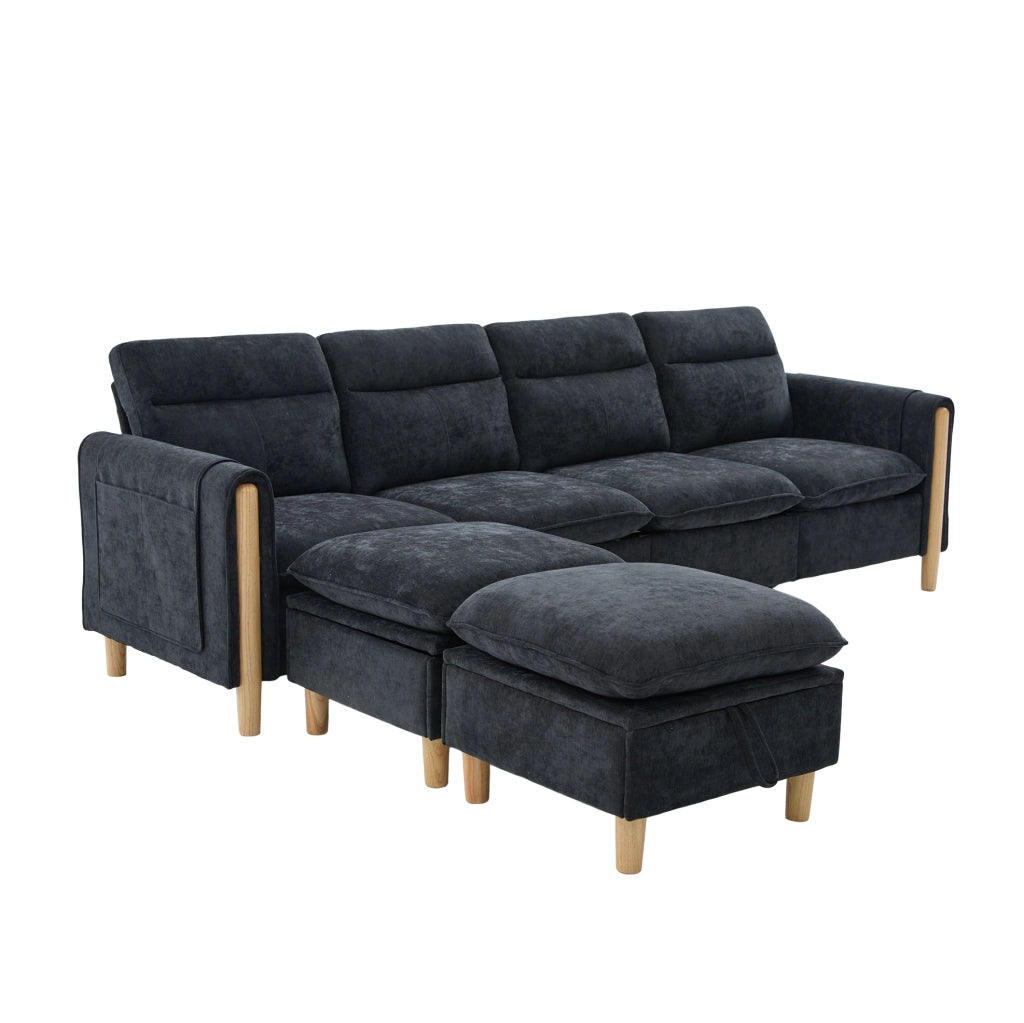 Divano modulare 4 posti a U con 2 pouf contenitore in ciniglia nero; 261x77x86 cm