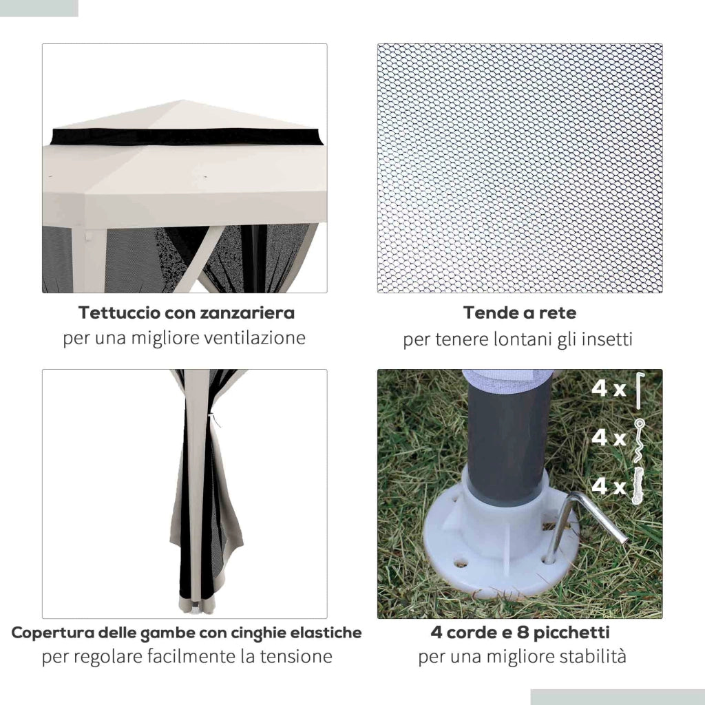Gazebo da Giardino 300x300 cm con Zanzariera Doppio Tetto e 8 Fori in Acciaio e Poliestere Bianco Crema
