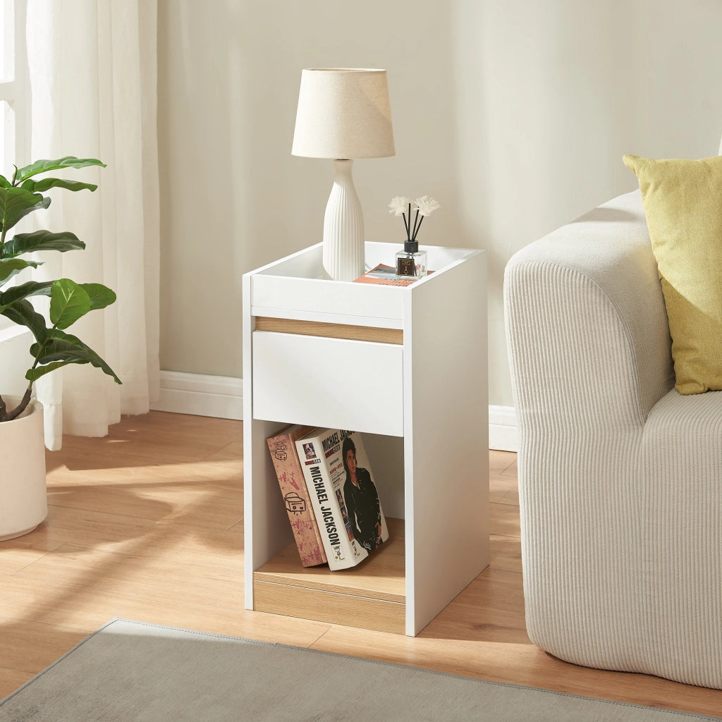 Comodino Lure con Cassetto e Vano Aperto Mobiletto Laterale 55 x 30 x 35 cm - Bianco/Effetto Rovere [en.casa]