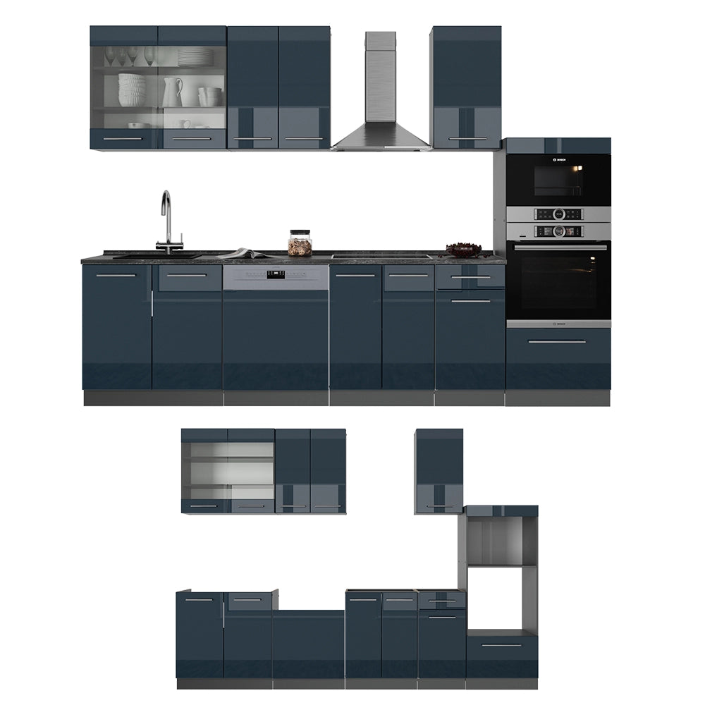 Cucina componibile Fame-Line Blu scuro lucido/Antracite 300 cm con armadio alto, PL Antracite Vicco