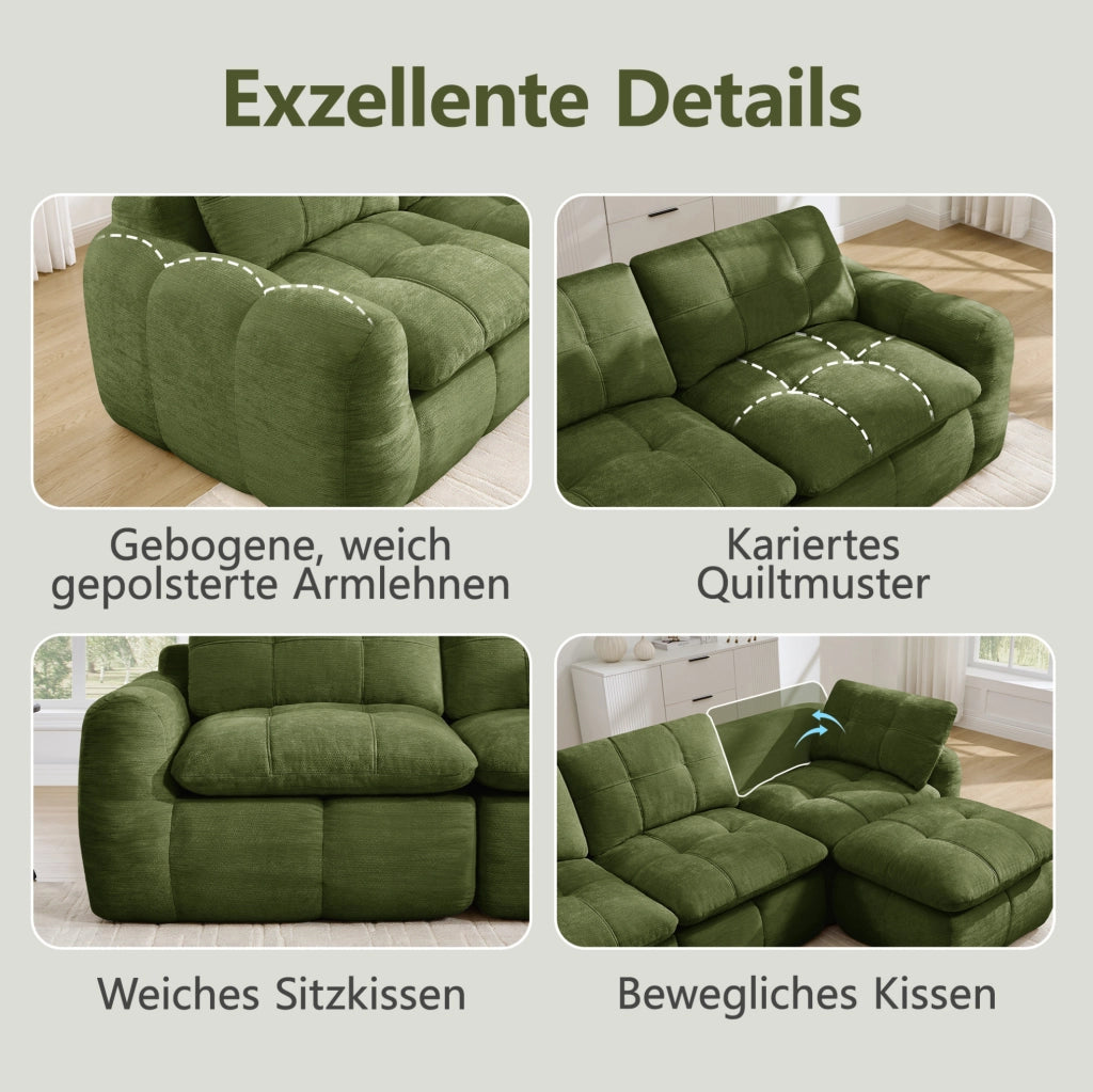 Divano modulare in chenille verde 264x160x68 cm; design senza telaio con seduta ergonomica