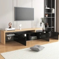 Mobile TV Moderno di Design, Ampio Spazio per Riporre, Nero Lucido, Effetto Legno, Ripiani in Vetro, Illuminazione a LED, Naturale+Nero