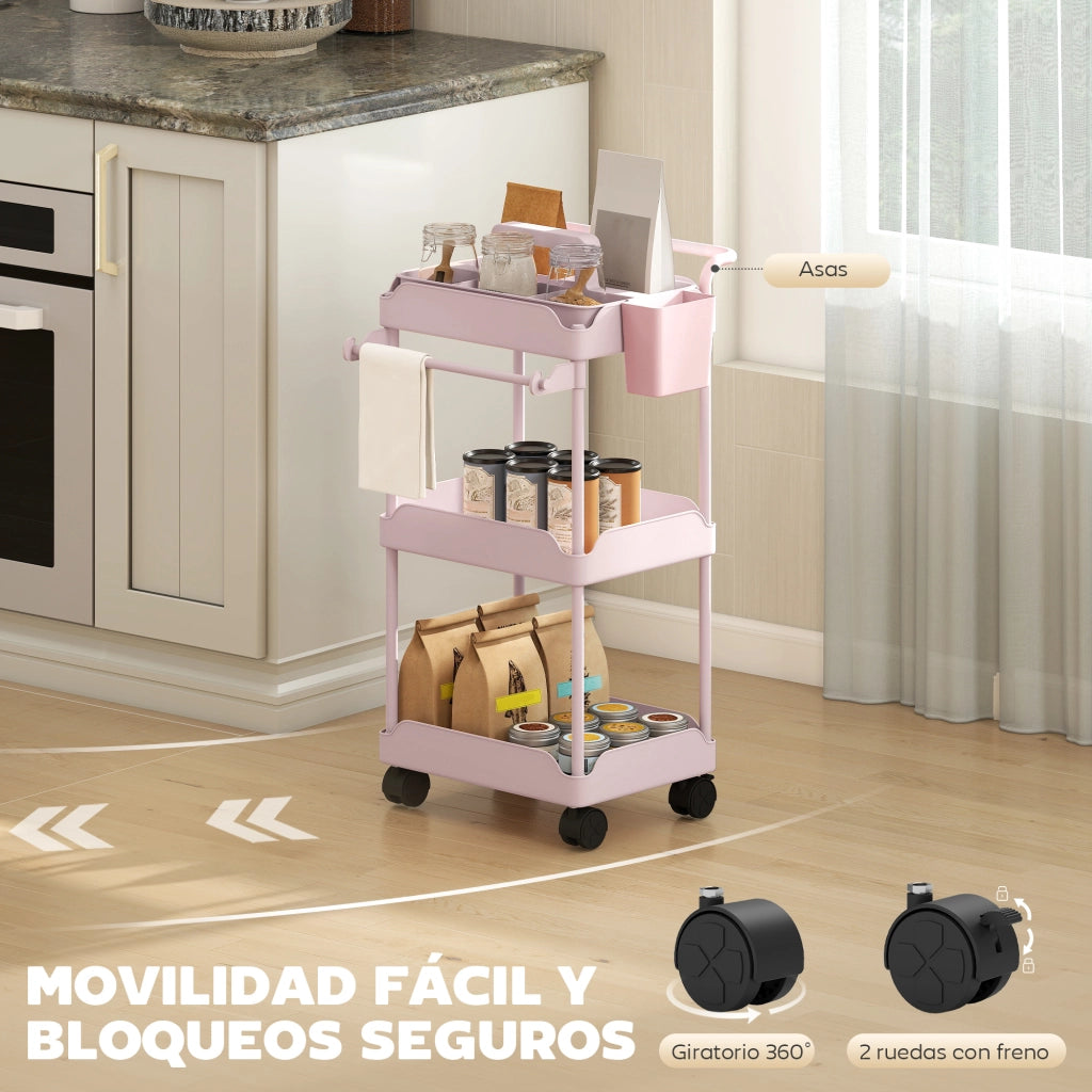 Carrello da Cucina 3 Ripiani con Ruote ¨C Xylo ¨C Rosa con Cestini Estraibili