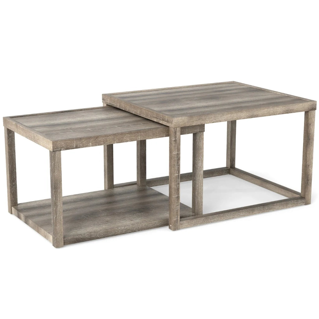 Set di 2 tavolini da caffè rettangolari impilabili 70 x 60 x 45 cm e 65 x 50 x 40,5 cm pratici contenitori stile rustico legno di caucciù grigio 20_0011802