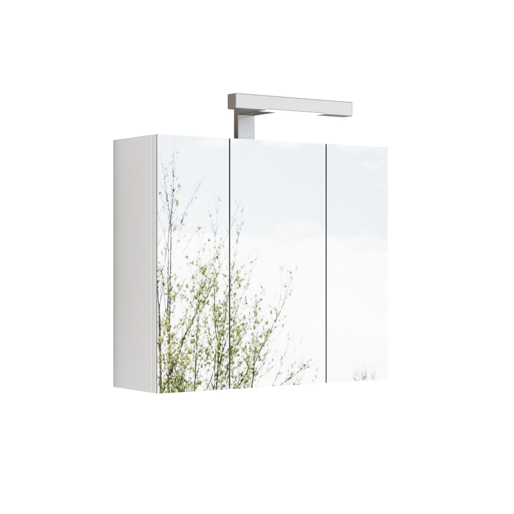 Mobile con specchio con 3 ante; LED e presa integrata; ripiani regolabili per bagno; in MDF e vetro; bianco; 60 cm