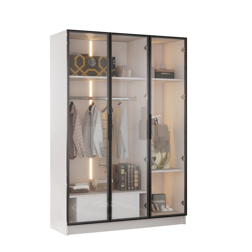 Armadio Bianco con 3 Porte in Vetro, Cassetto e Appendiabiti LED ¨C Xylo ¨C 110x50x160 cm