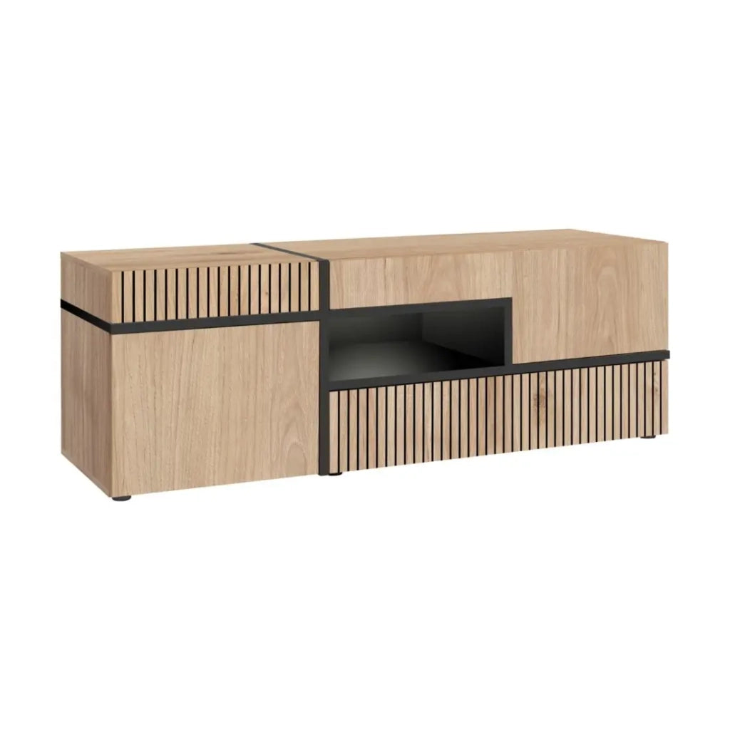 Set completo salotto CRISS – Mobile TV, Buffet alto, Vetrina, Mensola da parete – Rovere chiaro e nero con LED