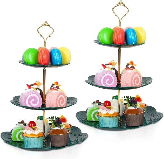 Piatto da Dessert a 3 Livelli Portatile in Legno Classico con Disegno a Foglia Verde per Festa di Matrimonio, Compleanno e Famiglia - Stand per Cupcake - Forma Rotonda
