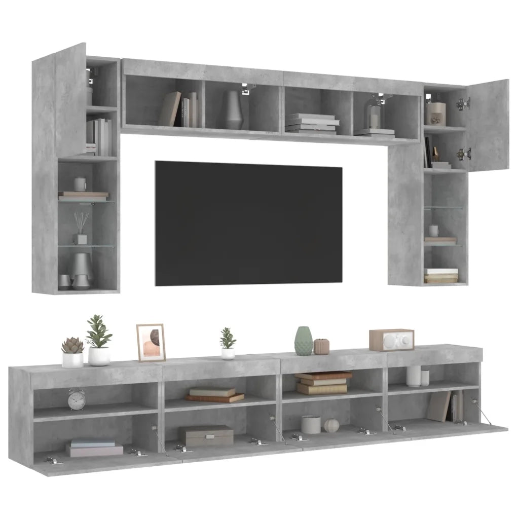 Set Mobili TV a Muro 8 pz con Luci LED Grigio Cemento