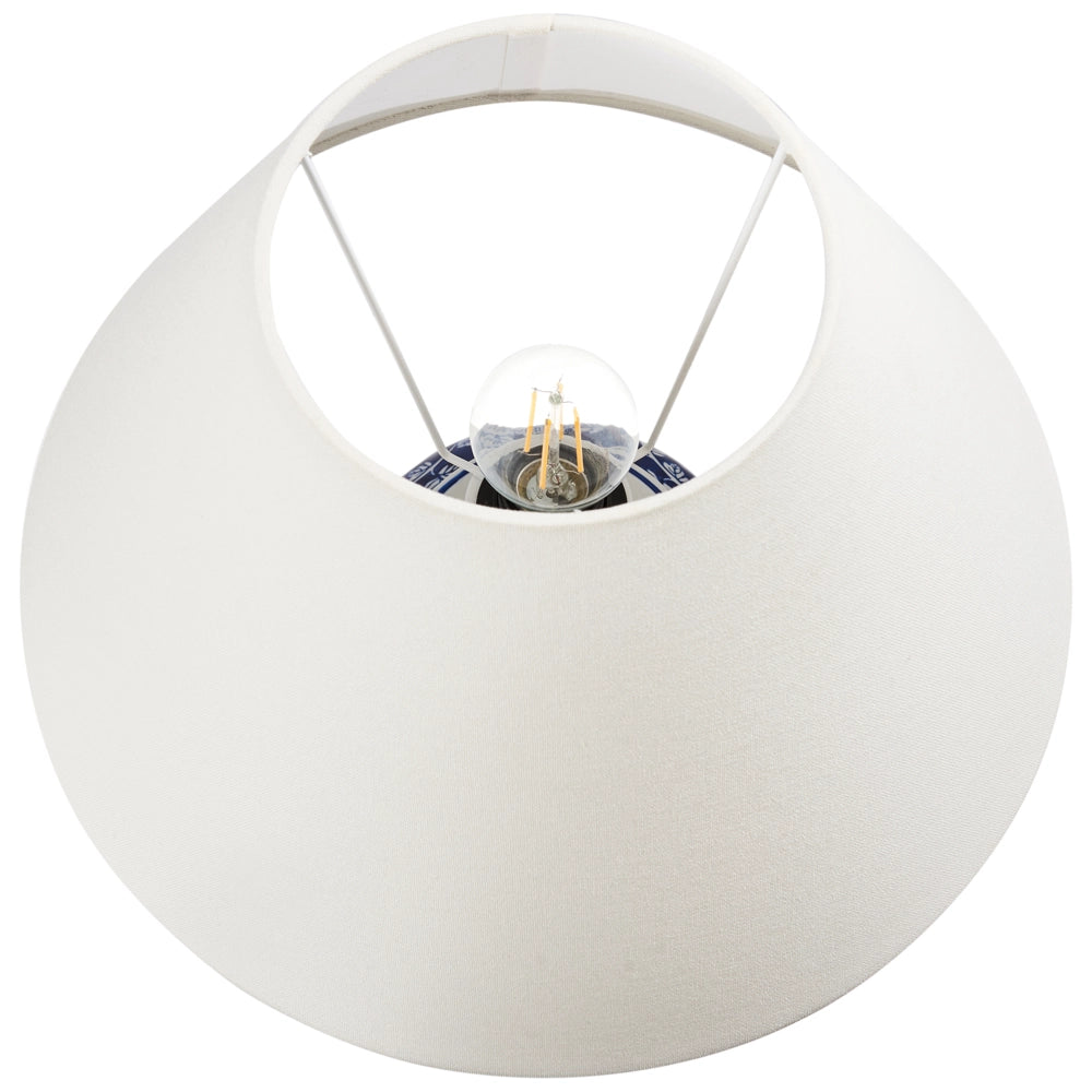 Lampada da tavolo con base in porcellana blu e bianca, paralume cilindrico in lino con design floreale, illuminazione per camera da letto e soggiorno