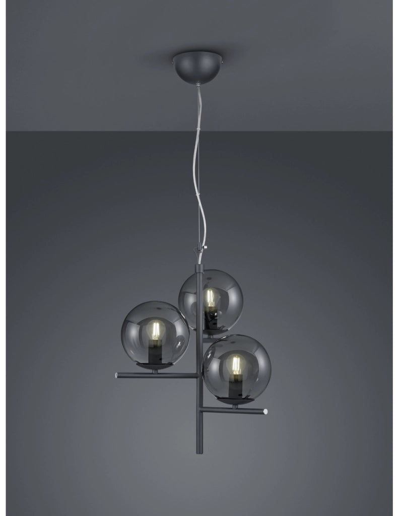 Sospensione 3Luci Sfere Vetro Fumé Antracite Ø40 cm Pure Trio Lighting