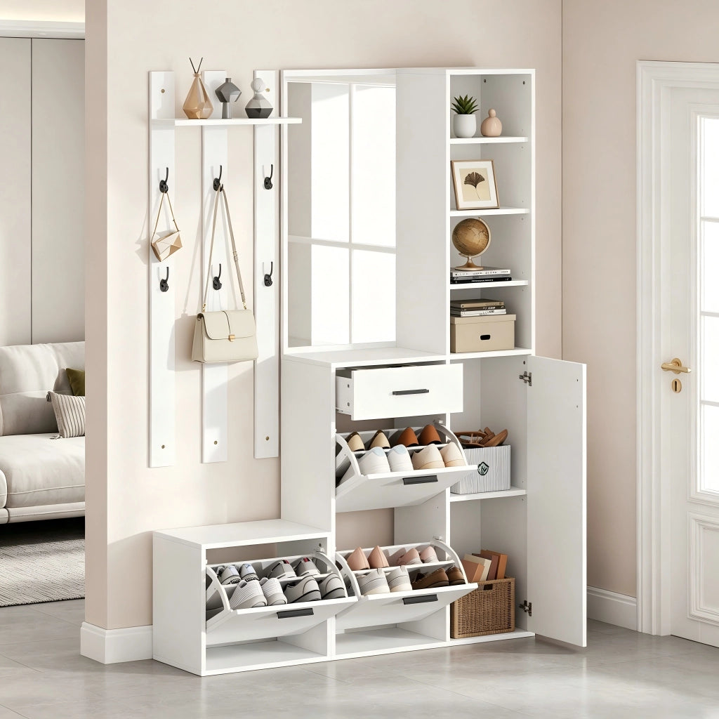 Mobile ingresso con 3 vani scarpe; 1 cassetto; specchio e 6 ganci - per ingresso - 120x30x178 cm - bianco