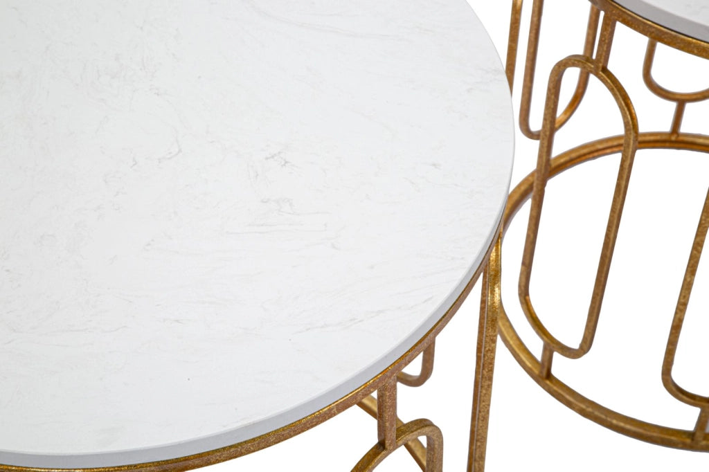 Tavolinetti Tory Marble Coppia Ø46x55-39x48 cm in Ferro e Marmo Oro e Bianco