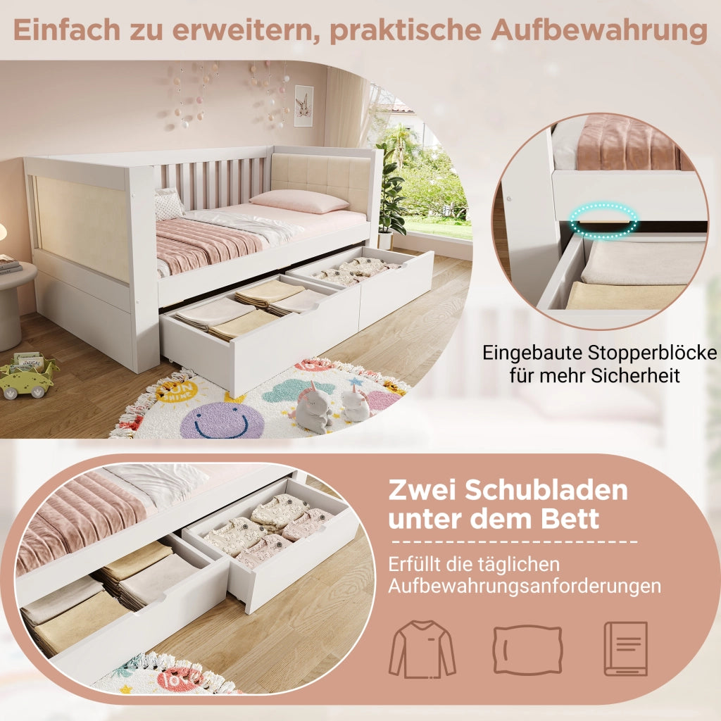 Letto divano 90 × 200 cm con 2 cassetti, schienale a tre lati, senza materasso, in legno massello, bianco