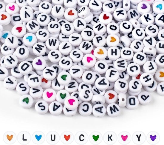 500 perle bianche, tra cui lettere A-Z in bianco e perle cuore colorate, perle acrilate rotonde, adatte per la creazione di gioielli, progetti fai-da-te, lavori di artigianato e bracciali