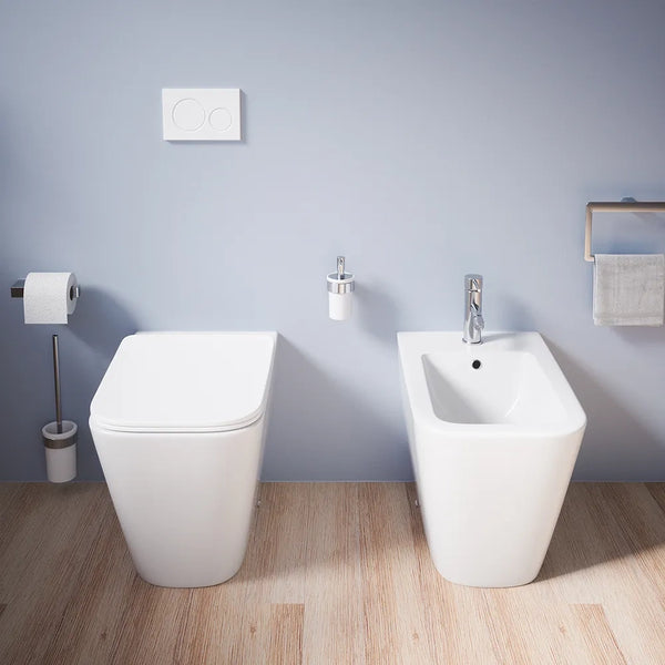 Sanitari filomuro in ceramica bianco lucido vaso rimless sedile soft-close e bidet | Kyoto