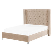 Letto matrimoniale a doghe velluto beige imbottito trapuntato poggiatesta 140 x 200 cm stile glamour elegante