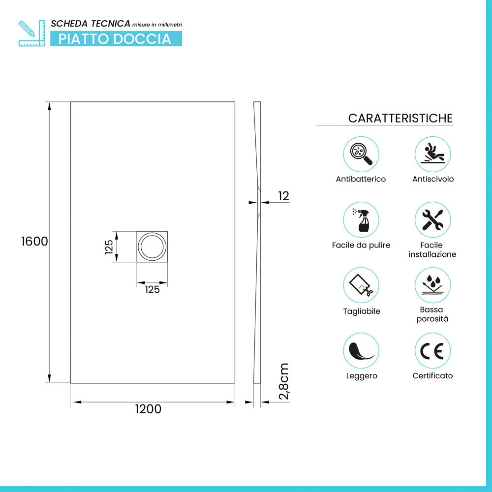 Piatto doccia 120x160 in marmoresina effetto pietra antracite riducibile Ten