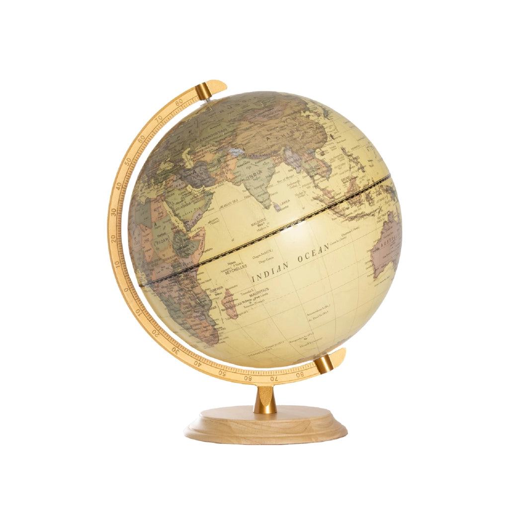 Mappamondo Decorativo da Tavolo - Globo Terrestre Vintage con Base in Legno e Arco Graduato Dorato, Mappa Politica ad Alta Definizione - Complemento d'Arredo Casa e Ufficio 31.00 Cm