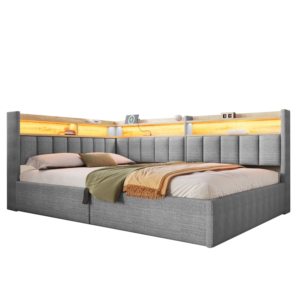 Letto imbottito 140x200 in velluto grigio con contenitore; LED RGB e porte USB