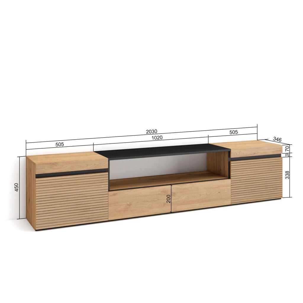 Mobile TV Soggiorno, 200x35x45cm, Per TV fino a 80", Mobile Soggiorno, colore Rovere RF3312