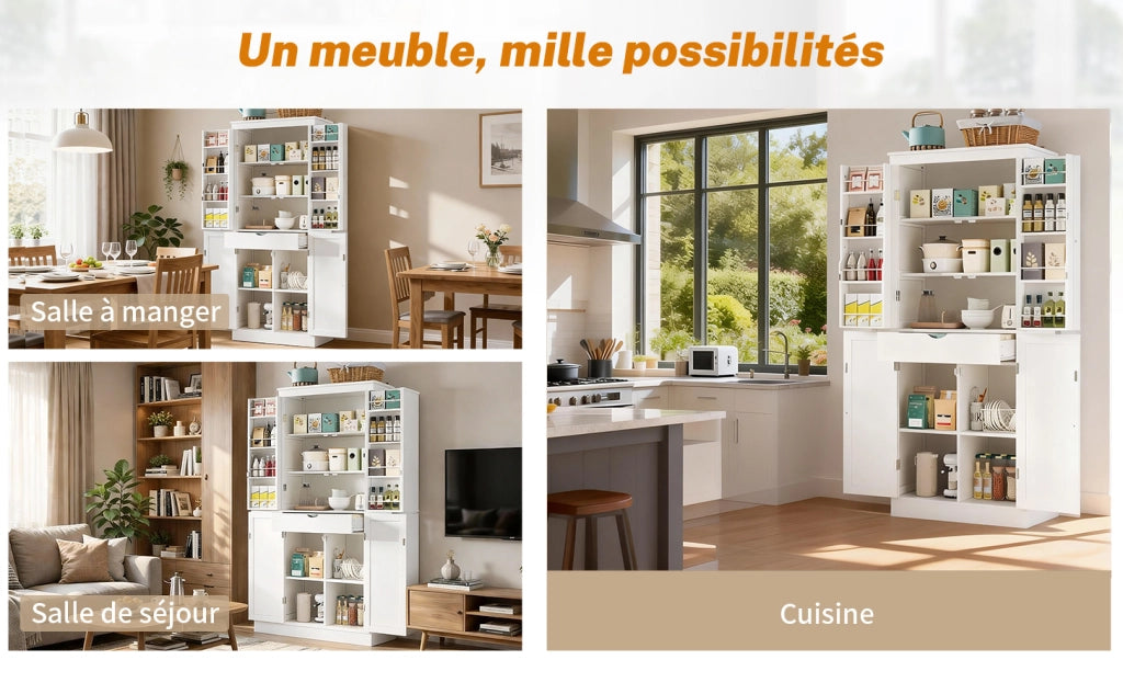 Credenza alta multifunzionale con ante, ripiani interni e cassetto, 182 × 40 × 75 cm, in MDF, bianco